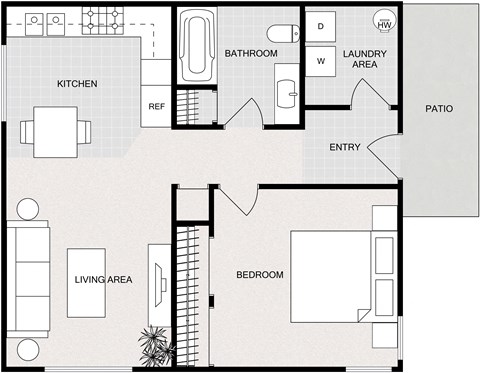 Floor plan for 1 bed, 1 bath, 645 sqft